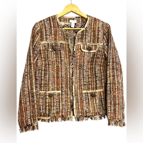 Chicos Womens Fringe Tweed Ina Wool Blend Jacket Blazer Animal Print Lining Trim - Picture 1 of 9